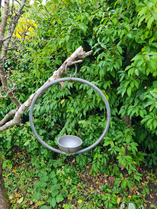 Metal Hanging Ring Bird Feeder | Tree Hanging Bird Bath | Rusty Garden Ornament | Bird Feeding Station