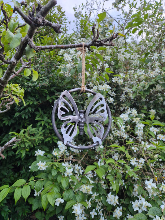 Hanging Metal Butterfly Ring | Garden Wall Art | Tree Decoration | Rustic Outdoor Hanging Ornament