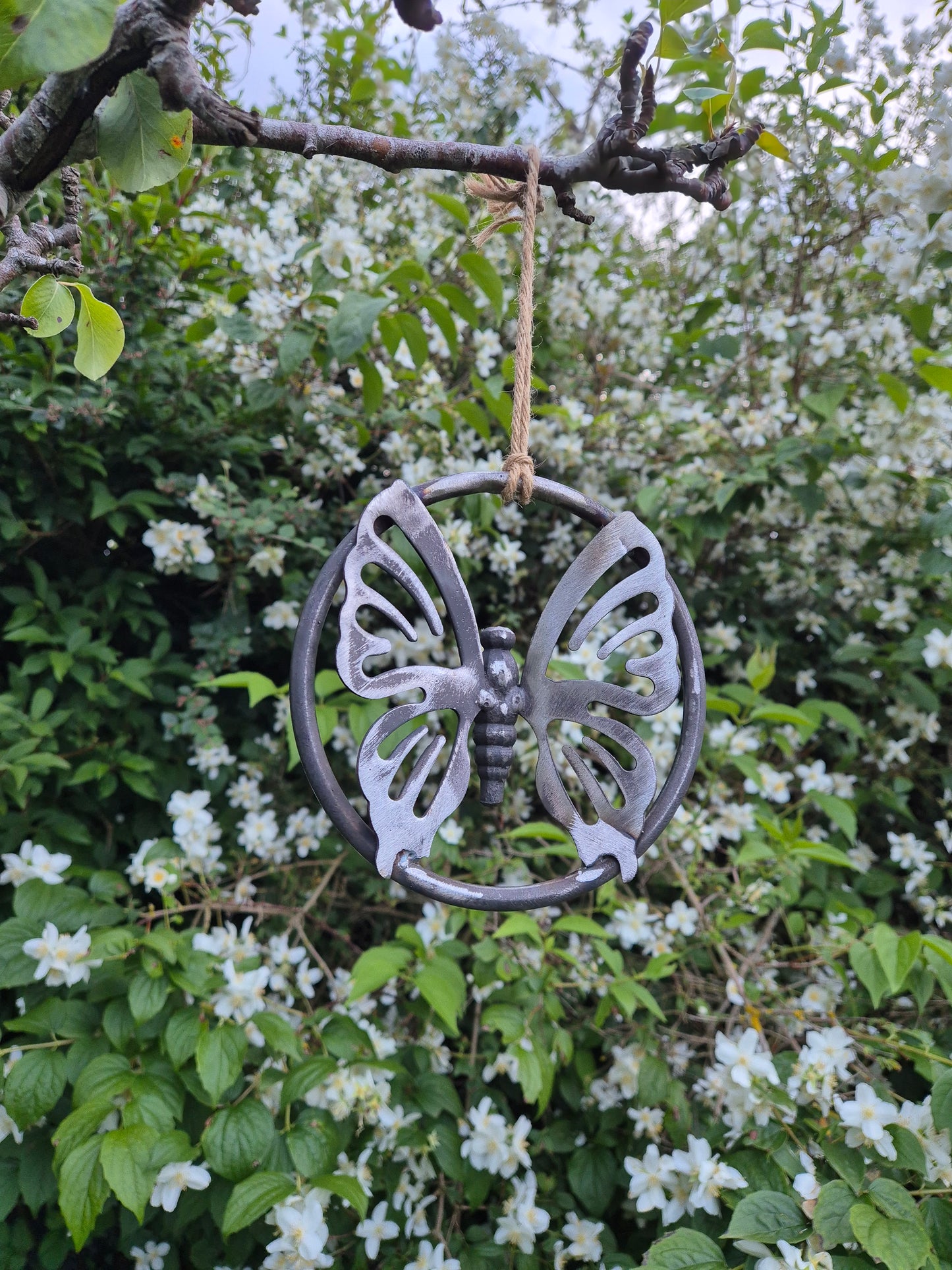 Hanging Metal Butterfly Ring | Garden Wall Art | Tree Decoration | Rustic Outdoor Hanging Ornament