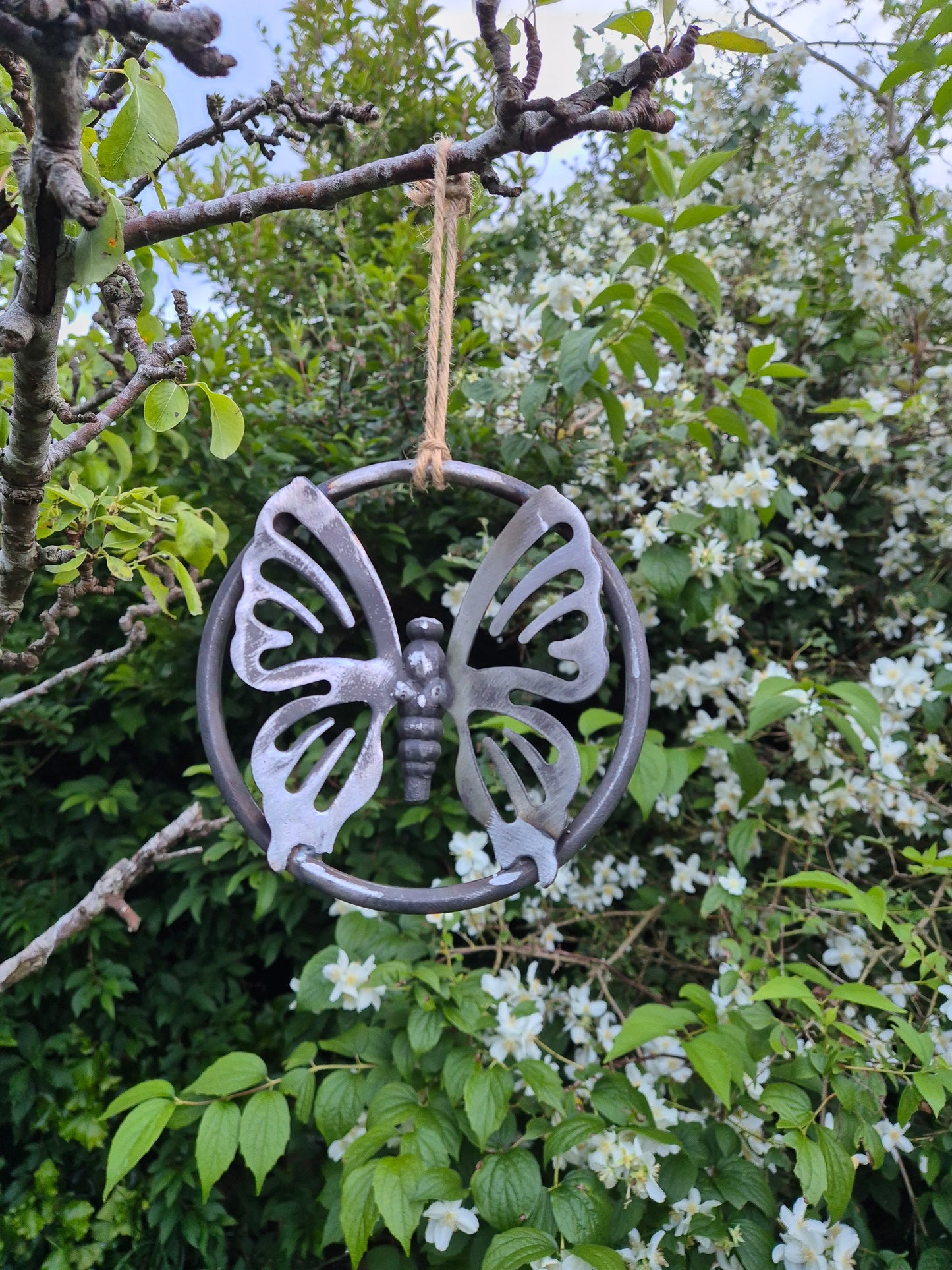 Hanging Metal Butterfly Ring | Garden Wall Art | Tree Decoration | Rustic Outdoor Hanging Ornament