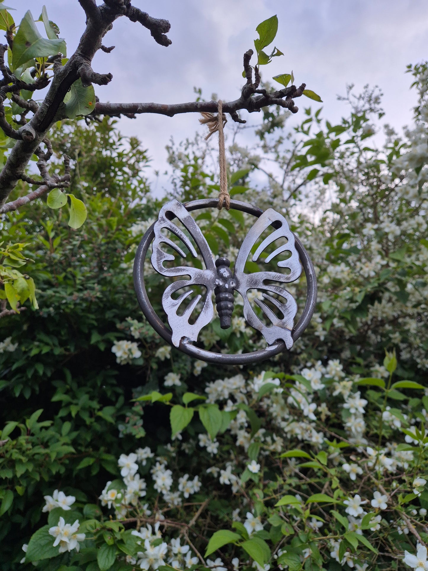 Hanging Metal Butterfly Ring | Garden Wall Art | Tree Decoration | Rustic Outdoor Hanging Ornament