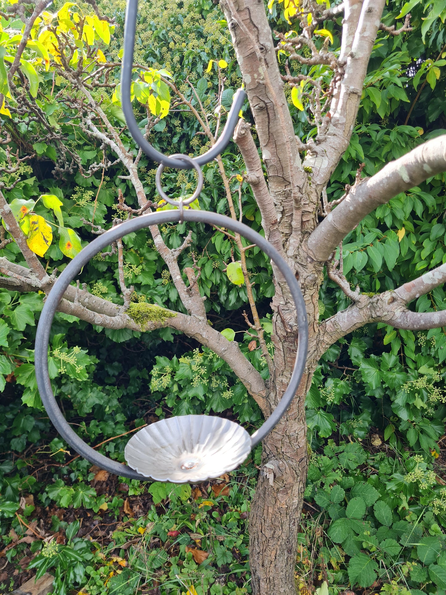 Rustic metal Hanging ring bird feeder with rippled dish