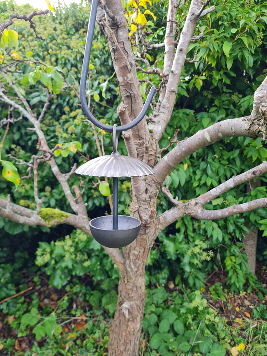 Rustic metal umbrella style hanging bird feeder