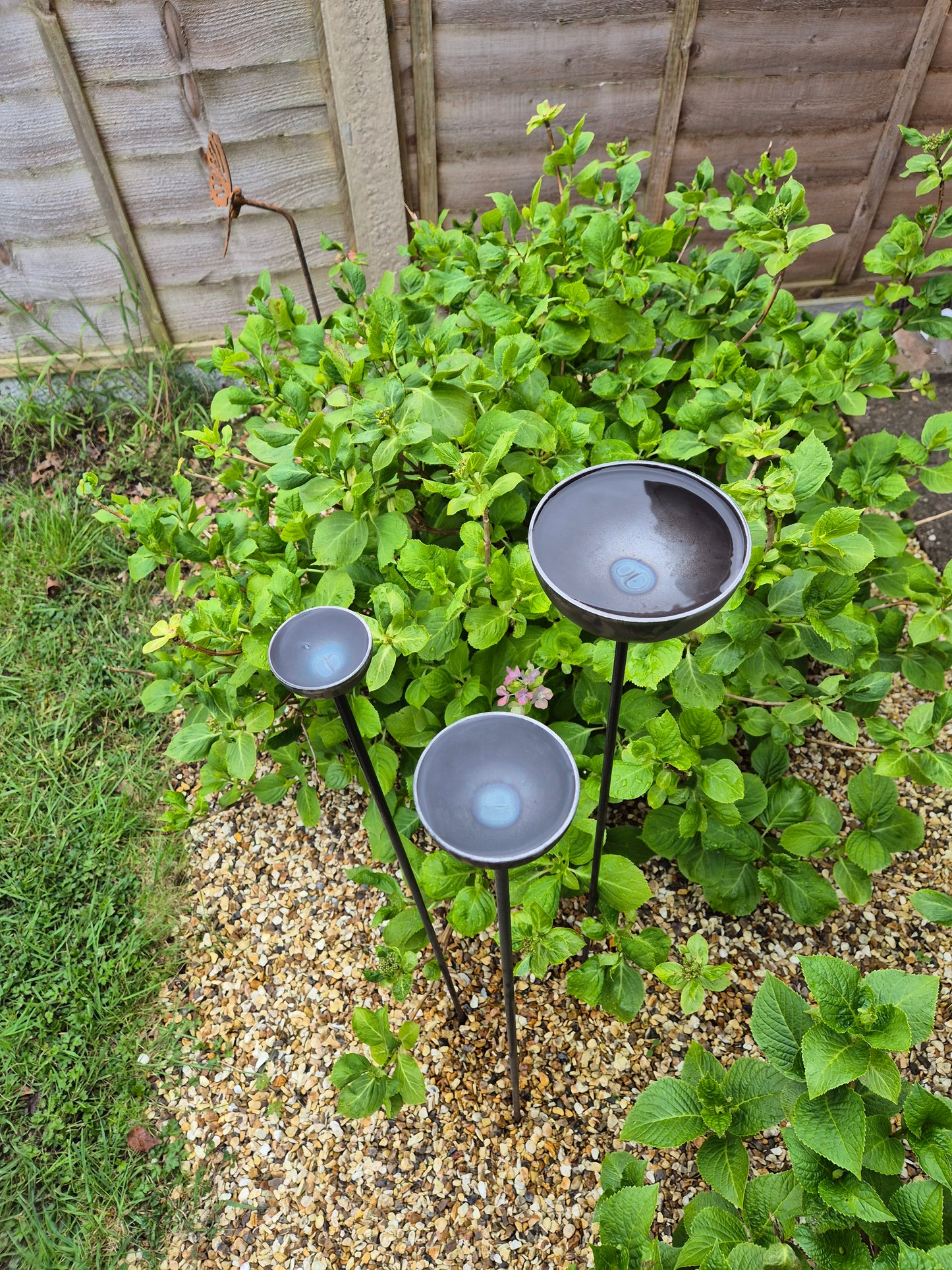 Rain Catcher Water Feature | Rusty Metal Garden Plant Support Ornament | Bird Feeder Bath