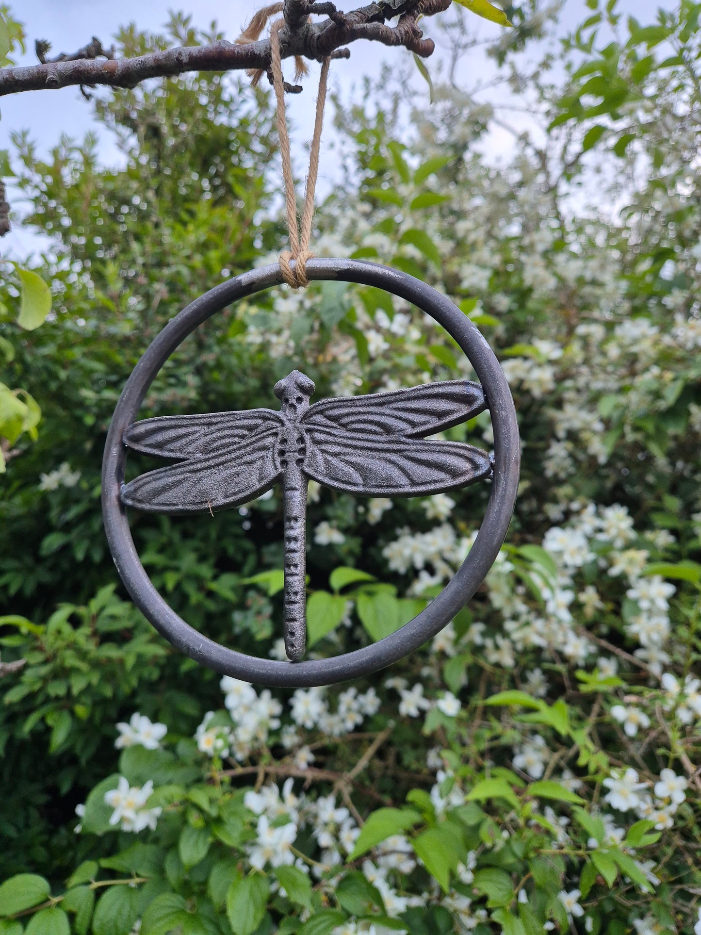 Hanging Metal Dragonfly Ring | Garden Wall Art | Tree Decoration | Rustic Outdoor Hanging Ornament